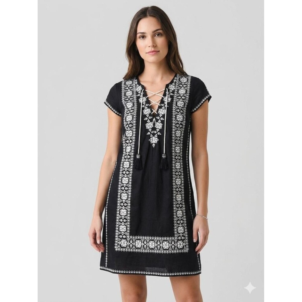 Calypso St. Barth‎ Dress Womens XS Black Embroidered Linen Boho Shift Short